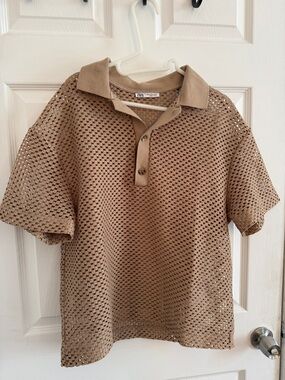 ZARA Open-Knit Polo in Tan